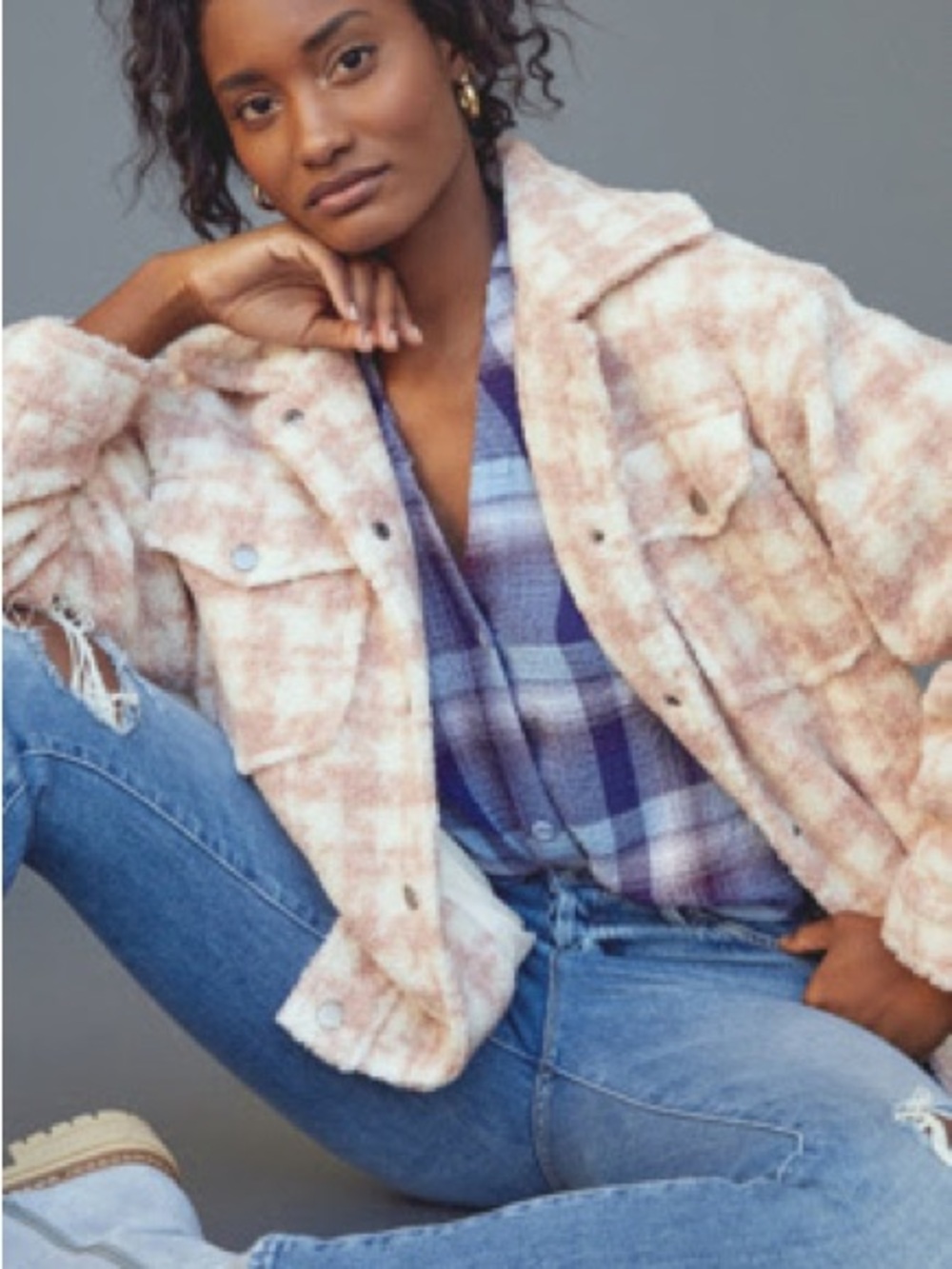 Anthropologie Audrey Houndstooth Shacket in Blush Pink and Cream
